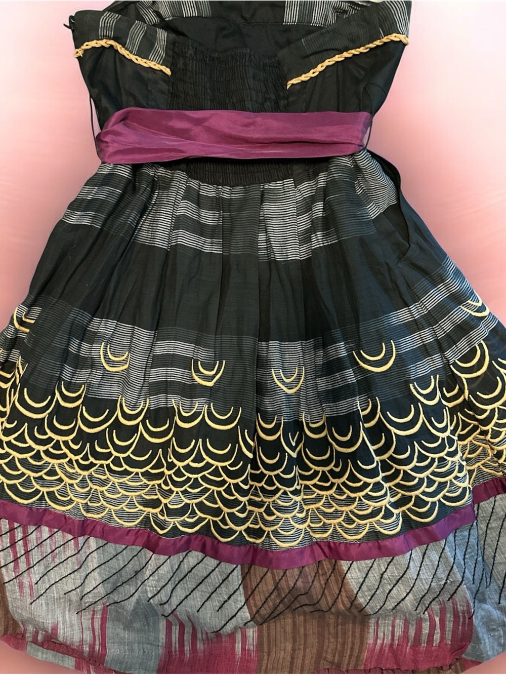 Floreat for Anthro Black Strapless Dress with Gold Trim and purple silk sash - Picture 2 of 4